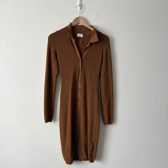 Aritzia Wilfred Cove Long Sleeve Knit Ribbed Dress Brown Size Medium - Picture 2 of 6